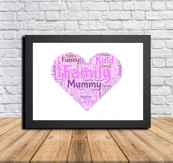 Personalised family heart word art print in a black frame