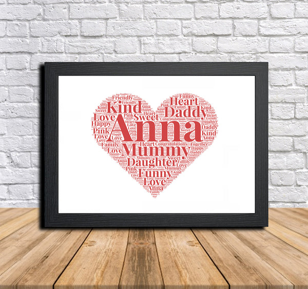 Personalised heart word art print in a black frame