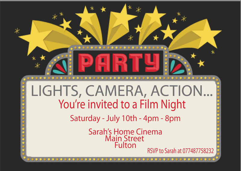 10 X Personalised Printed Home Cinema Party INSPIRED STYLE Invites