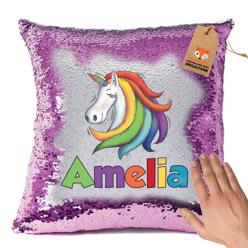 Rainbow Unicorn Personalised Pastel Pink Magic Cushion including cushion insert