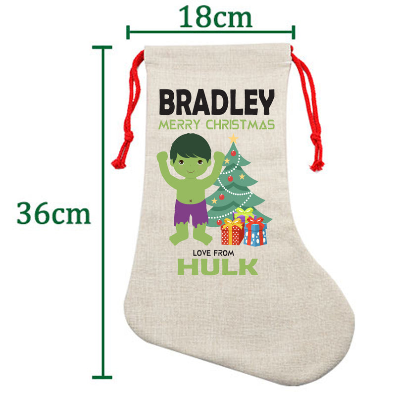 PERSONALISED Cartoon Inspired Super Hero GREEN MONSTER HIGH QUALITY Large CHRISTMAS STOCKING - Any Name you want!