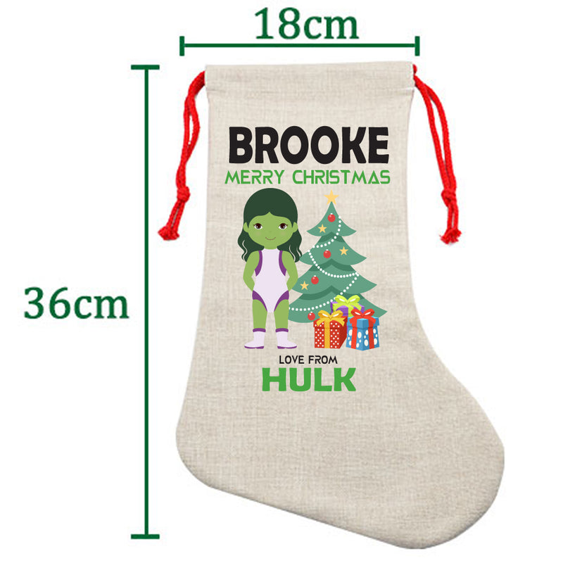 PERSONALISED Cartoon Inspired Super Hero GREEN MONSTER Girl BROOKE HIGH QUALITY Large CHRISTMAS STOCKING - Any Name you want!