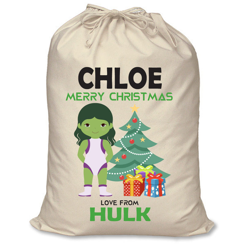 PERSONALISED Cartoon Inspired Super Hero GREEN MONSTER Girl CHLOE - XL Children's Christmas Santa Sack CUSTOMISE Present