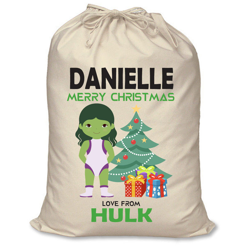 PERSONALISED Cartoon Inspired Super Hero GREEN MONSTER Girl DANIELLE - XL Children's Christmas Santa Sack CUSTOMISE Present