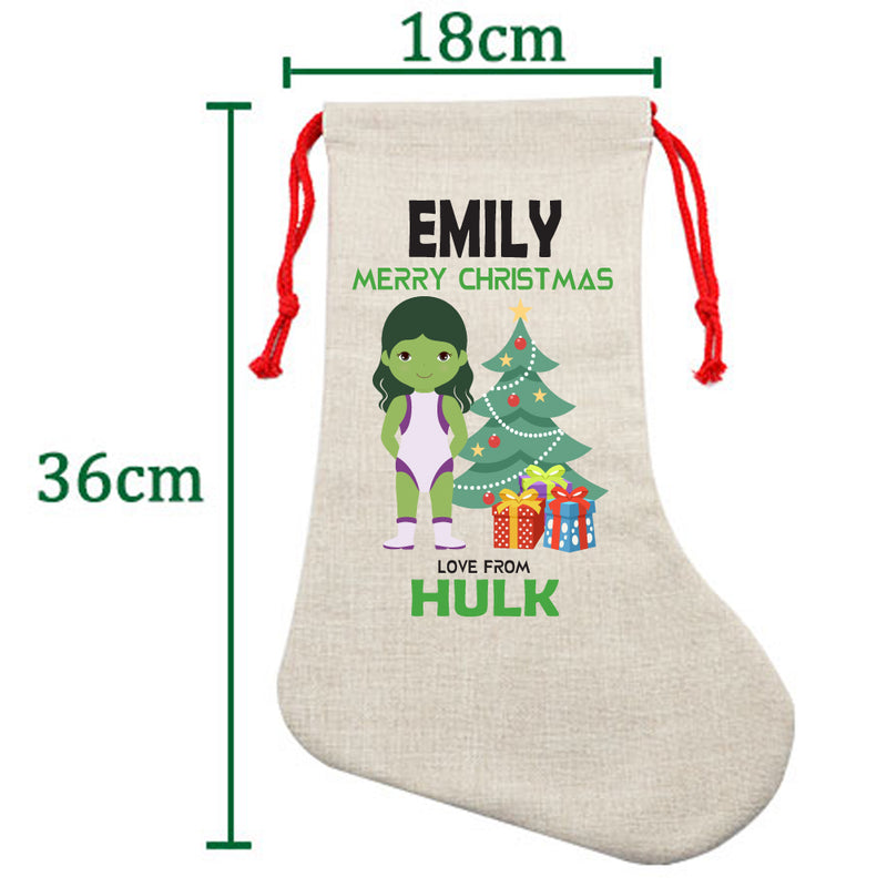 PERSONALISED Cartoon Inspired Super Hero GREEN MONSTER Girl EMILY HIGH QUALITY Large CHRISTMAS STOCKING - Any Name you want!