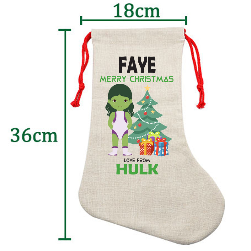 PERSONALISED Cartoon Inspired Super Hero GREEN MONSTER Girl FAYE HIGH QUALITY Large CHRISTMAS STOCKING - Any Name you want!