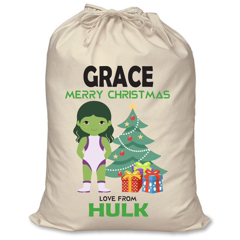 PERSONALISED Cartoon Inspired Super Hero GREEN MONSTER Girl GRACE - XL Children's Christmas Santa Sack CUSTOMISE Present