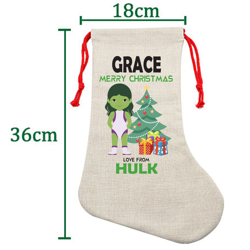PERSONALISED Cartoon Inspired Super Hero GREEN MONSTER Girl GRACE HIGH QUALITY Large CHRISTMAS STOCKING - Any Name you want!