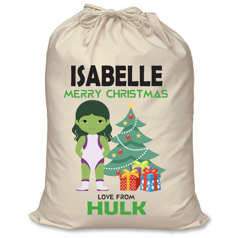 PERSONALISED Cartoon Inspired Super Hero GREEN MONSTER Girl ISABELLE - XL Children's Christmas Santa Sack CUSTOMISE Present