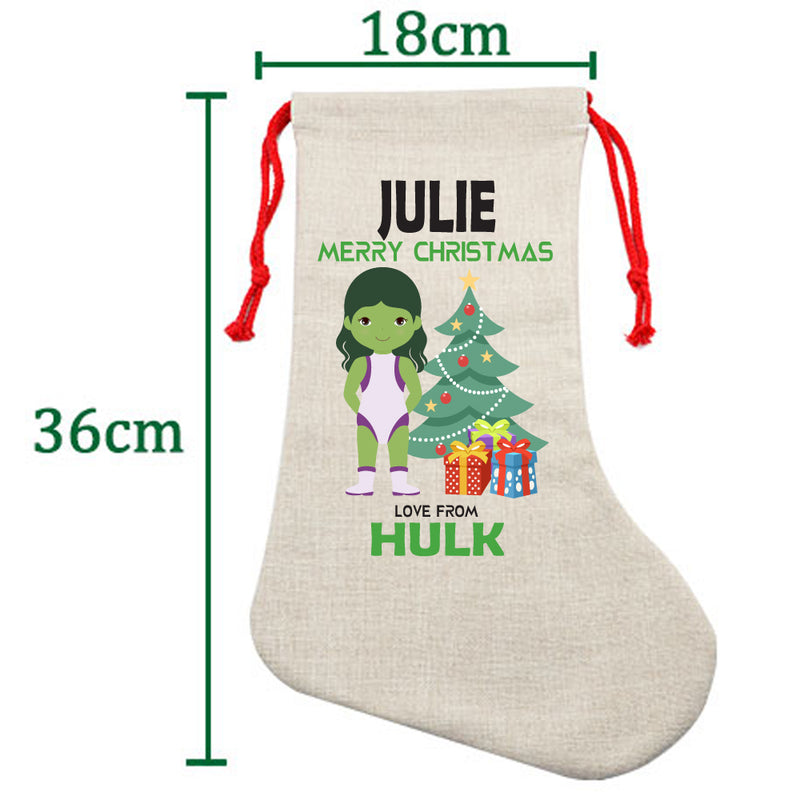PERSONALISED Cartoon Inspired Super Hero GREEN MONSTER Girl JULIE HIGH QUALITY Large CHRISTMAS STOCKING - Any Name you want!