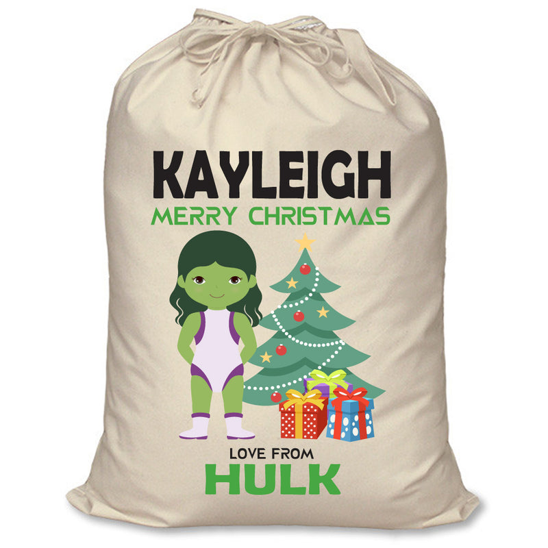 PERSONALISED Cartoon Inspired Super Hero GREEN MONSTER Girl KAYLEIGH - XL Children's Christmas Santa Sack CUSTOMISE Present