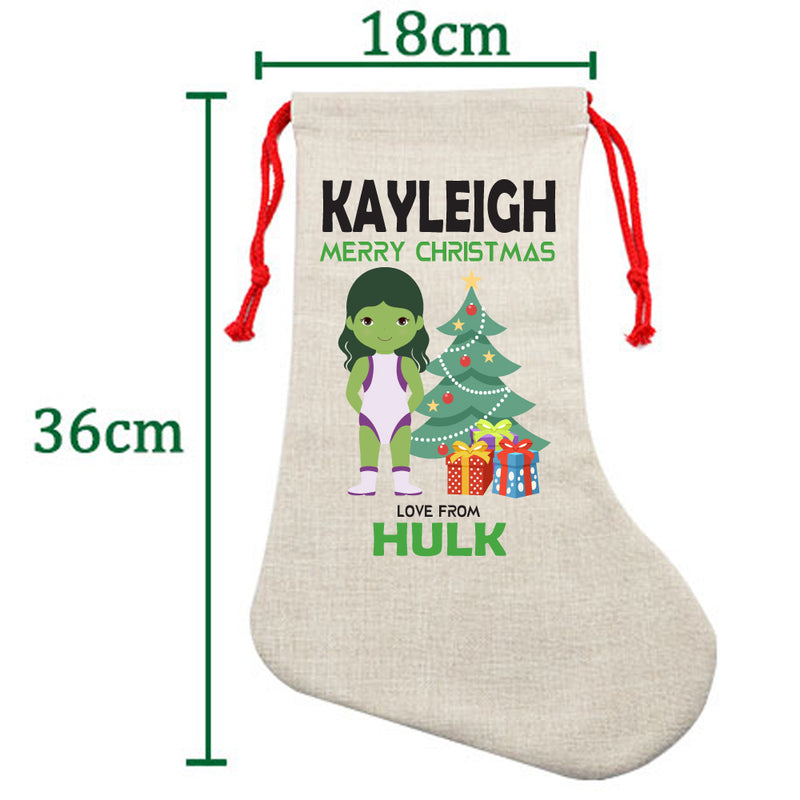 PERSONALISED Cartoon Inspired Super Hero GREEN MONSTER Girl KAYLEIGH HIGH QUALITY Large CHRISTMAS STOCKING - Any Name you want!