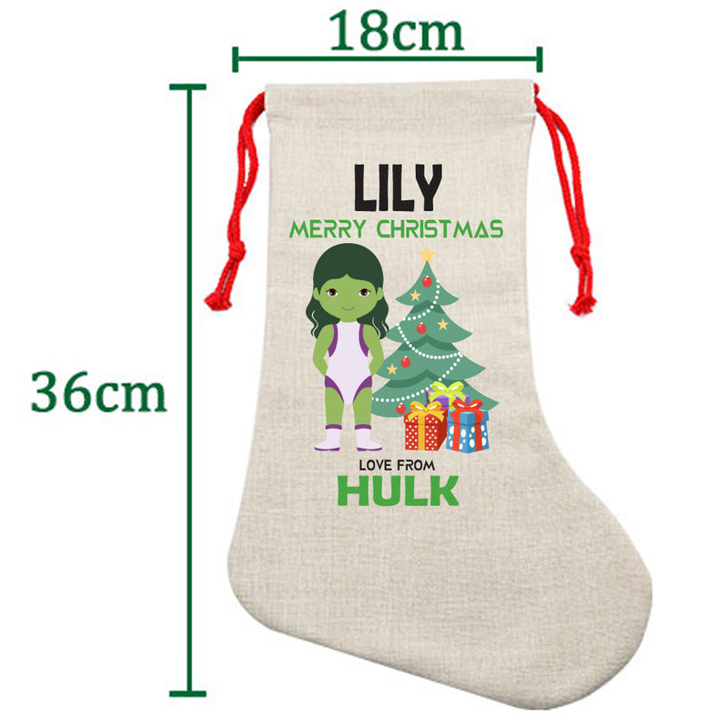 PERSONALISED Cartoon Inspired Super Hero GREEN MONSTER Girl LILY HIGH QUALITY Large CHRISTMAS STOCKING - Any Name you want!