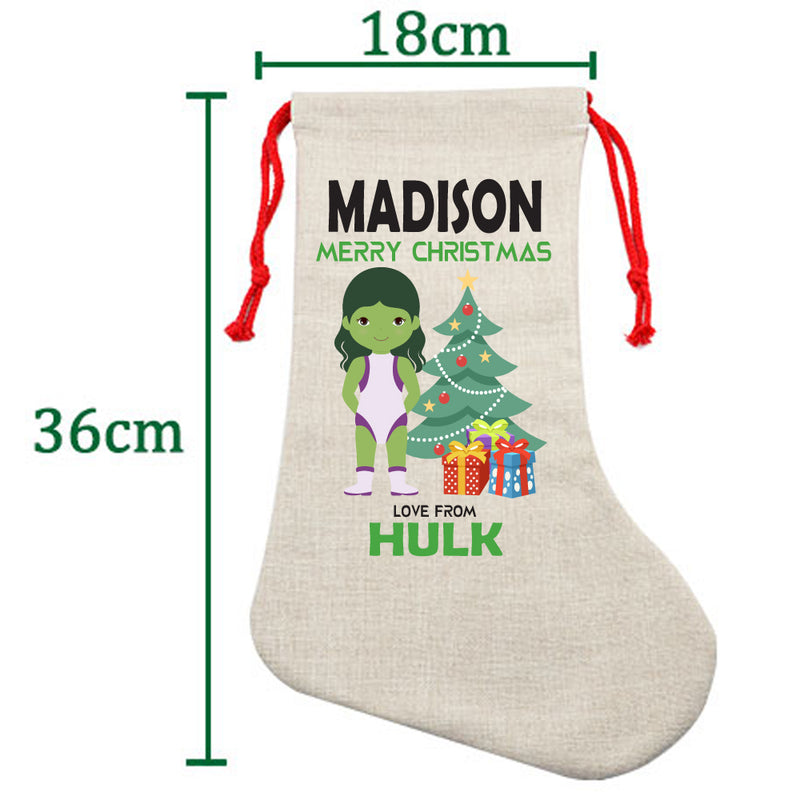 PERSONALISED Cartoon Inspired Super Hero GREEN MONSTER Girl MADISON HIGH QUALITY Large CHRISTMAS STOCKING - Any Name you want!