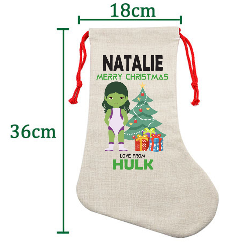 PERSONALISED Cartoon Inspired Super Hero GREEN MONSTER Girl NATALIE HIGH QUALITY Large CHRISTMAS STOCKING - Any Name you want!