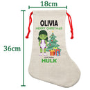 PERSONALISED Cartoon Inspired Super Hero GREEN MONSTER Girl OLIVIA HIGH QUALITY Large CHRISTMAS STOCKING - Any Name you want!