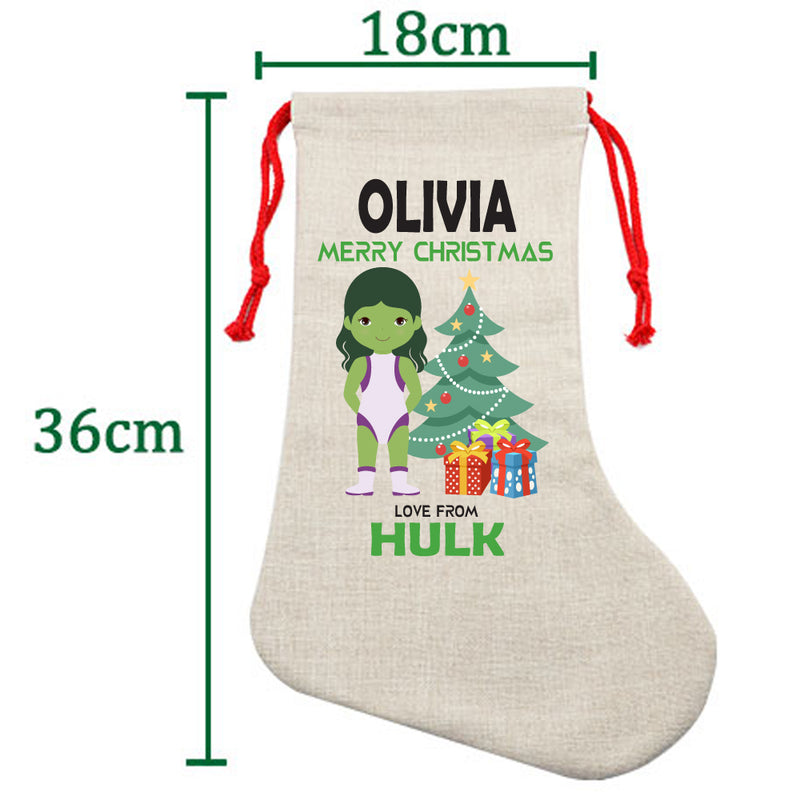 PERSONALISED Cartoon Inspired Super Hero GREEN MONSTER Girl OLIVIA HIGH QUALITY Large CHRISTMAS STOCKING - Any Name you want!
