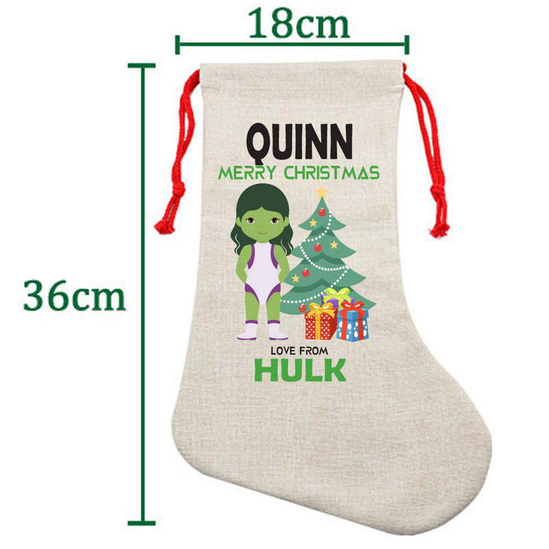 PERSONALISED Cartoon Inspired Super Hero GREEN MONSTER Girl QUINN HIGH QUALITY Large CHRISTMAS STOCKING - Any Name you want!