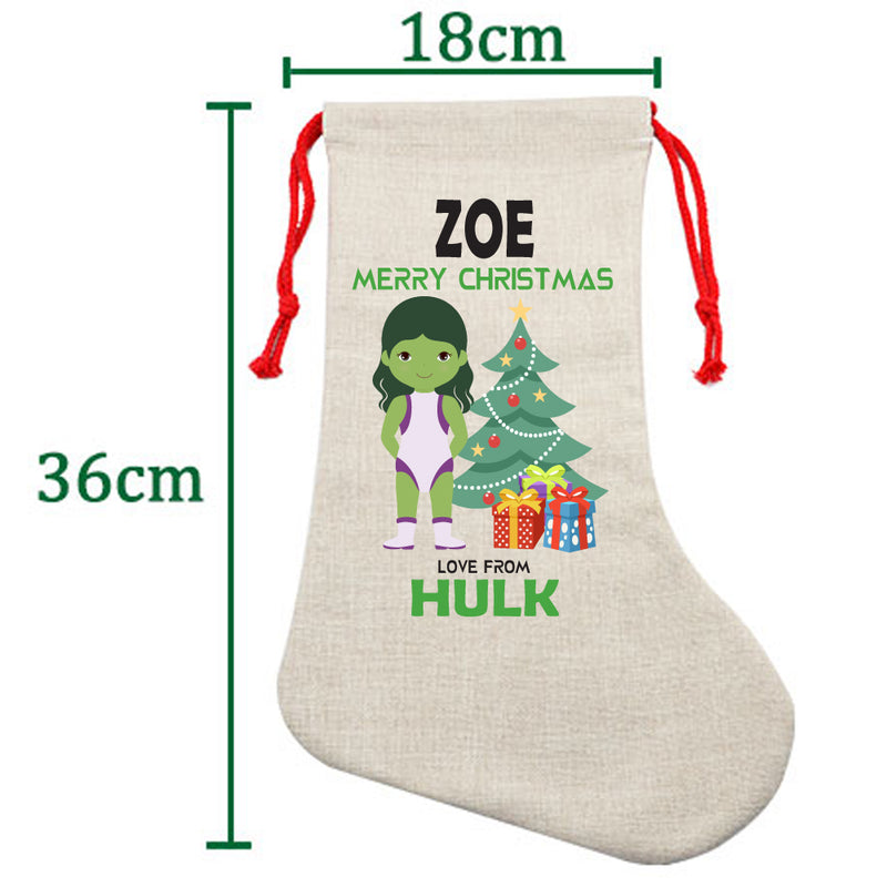 PERSONALISED Cartoon Inspired Super Hero GREEN MONSTER Girl ZOE HIGH QUALITY Large CHRISTMAS STOCKING - Any Name you want!