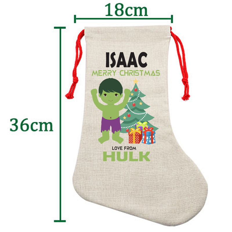 PERSONALISED Cartoon Inspired Super Hero GREEN MONSTER ISAAC HIGH QUALITY Large CHRISTMAS STOCKING - Any Name you want!