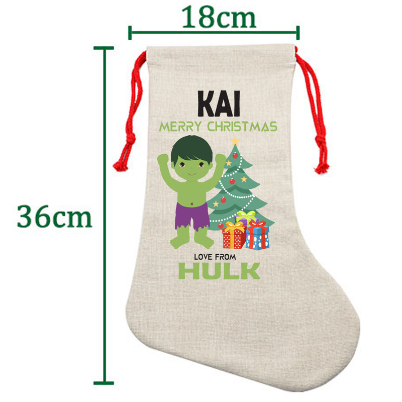 PERSONALISED Cartoon Inspired Super Hero GREEN MONSTER KAI HIGH QUALITY Large CHRISTMAS STOCKING - Any Name you want!