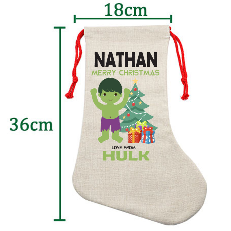PERSONALISED Cartoon Inspired Super Hero GREEN MONSTER NATHAN HIGH QUALITY Large CHRISTMAS STOCKING - Any Name you want!