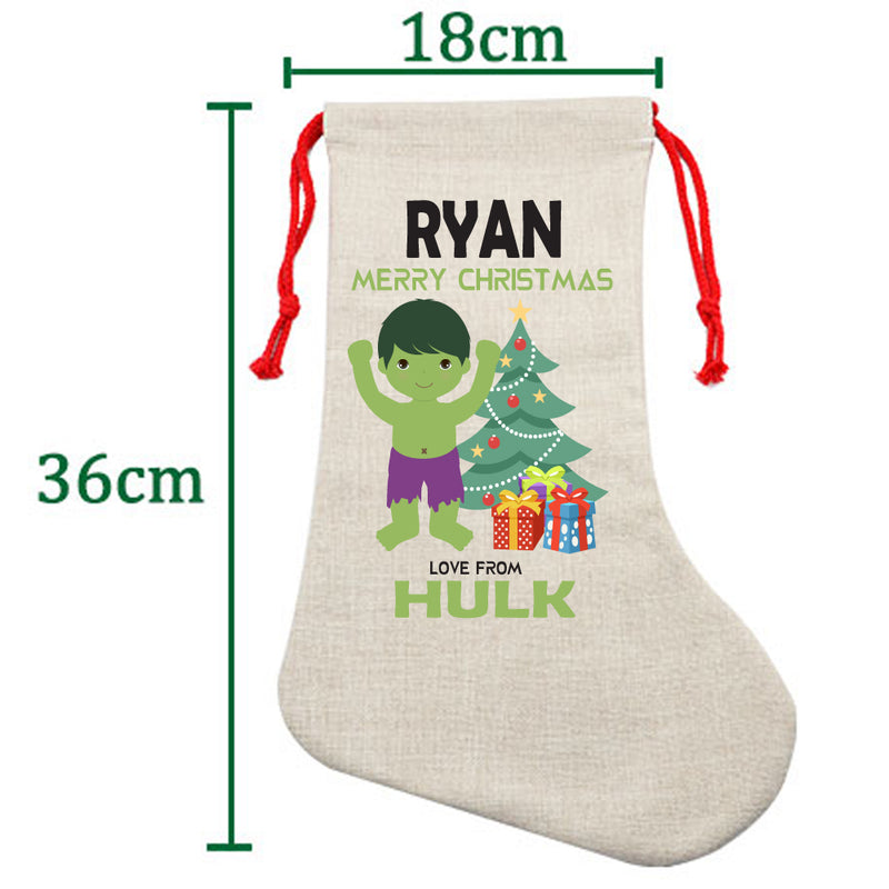PERSONALISED Cartoon Inspired Super Hero GREEN MONSTER RYAN HIGH QUALITY Large CHRISTMAS STOCKING - Any Name you want!