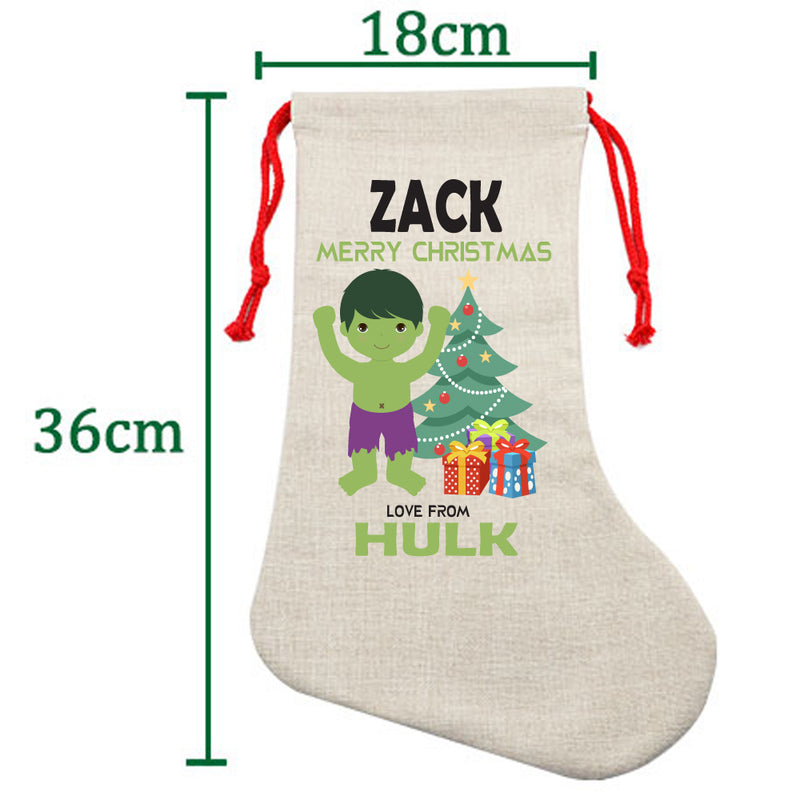 PERSONALISED Cartoon Inspired Super Hero GREEN MONSTER ZACK HIGH QUALITY Large CHRISTMAS STOCKING - Any Name you want!