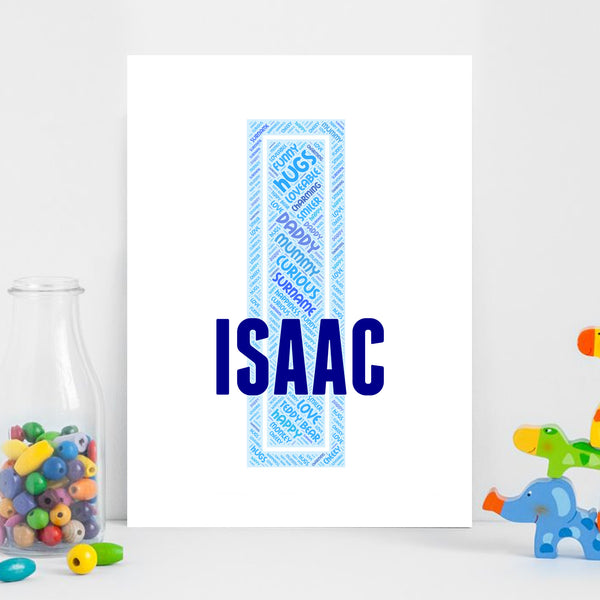 Personalised name word art print, blue letter I, print only