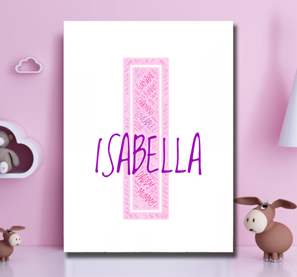 Personalised name word art print, pink letter I, print only