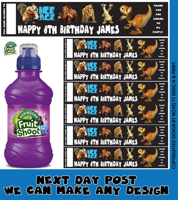 Ice Age 1 Inspired Theme Personalised Party Fruit Shoot Label Sticker