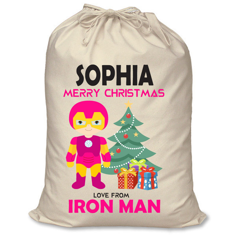 PERSONALISED Cartoon Inspired Super Hero Machine man Pink SOPHIA - XL Children's Christmas Santa Sack CUSTOMISE Present