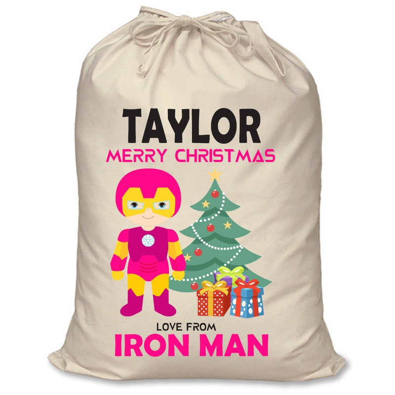 PERSONALISED Cartoon Inspired Super Hero Machine man Pink TAYLOR - XL Children's Christmas Santa Sack CUSTOMISE Present