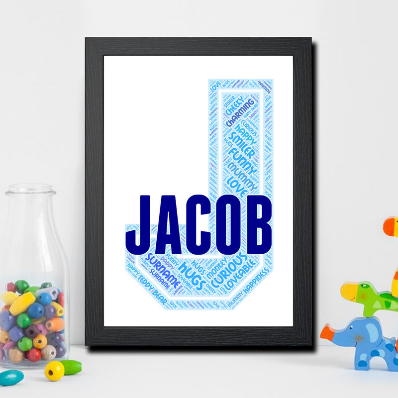Personalised Name Word Art Poster Print Blue Letter J