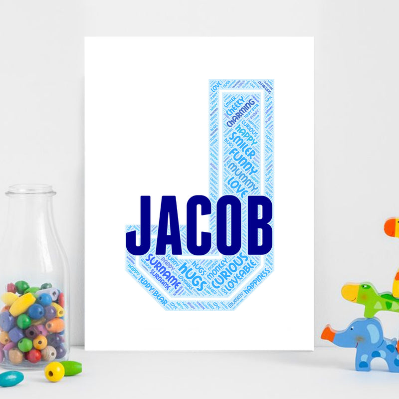 Personalised Name Word Art Poster Print Blue Letter J