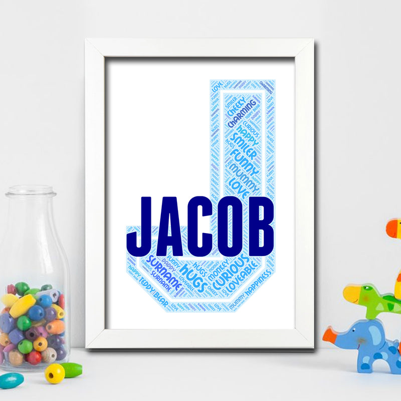 Personalised Name Word Art Poster Print Blue Letter J