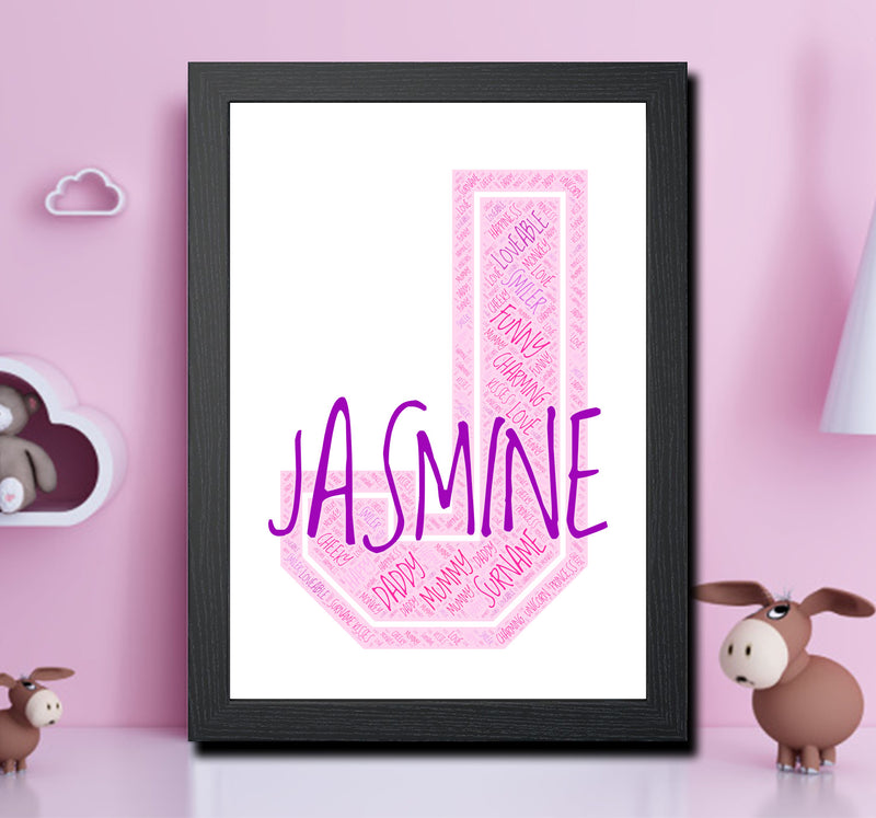 Personalised Name Word Art Poster Print Pink Letter J