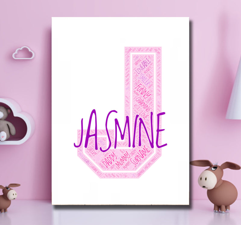 Personalised Name Word Art Poster Print Pink Letter J