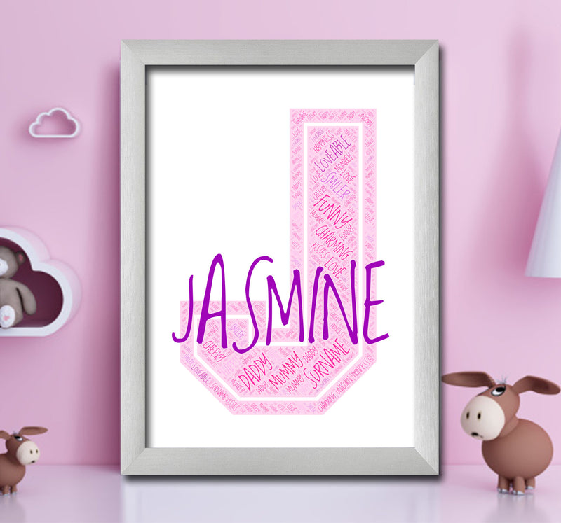 Personalised Name Word Art Poster Print Pink Letter J