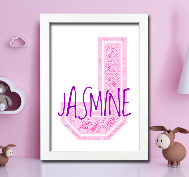 Personalised Name Word Art Poster Print Pink Letter J