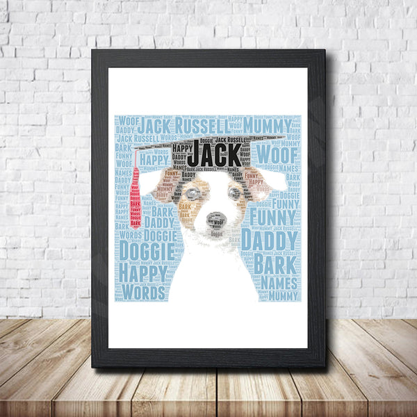 Personalised Jack Russell word art print in a black frame