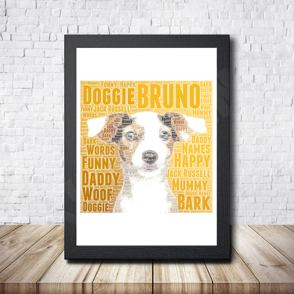 Personalised Jack Russell word art print in a black frame