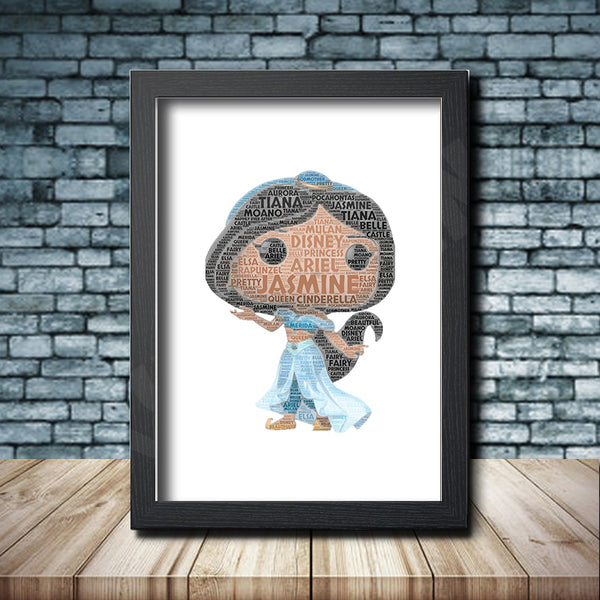 Personalised pop figure word art print inspired by Princess Jasmine in a black frame
