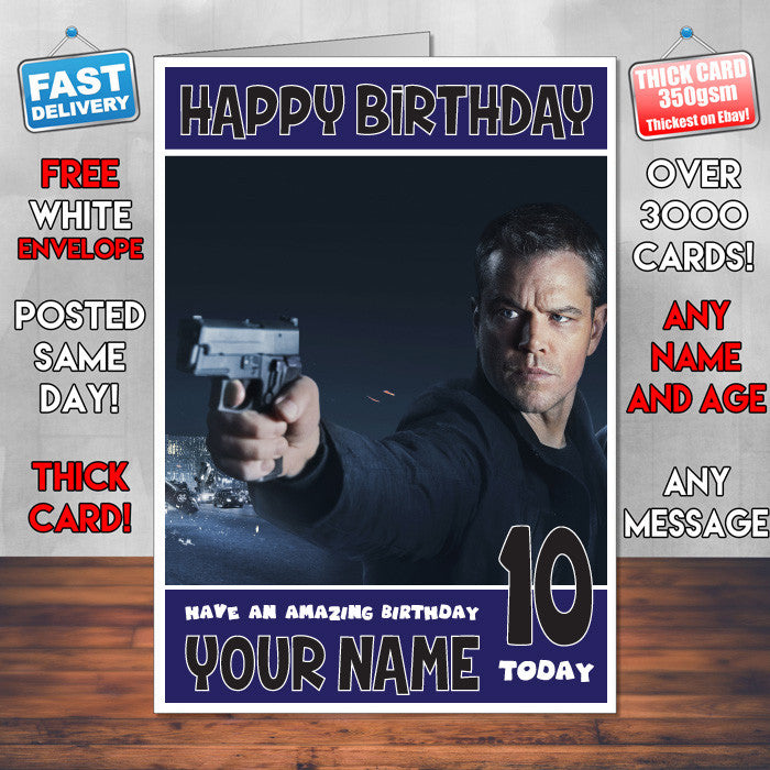 JASON BOURNE CARD SJ THEME INSPIRED Style PERSONALISED Kids Adult FUNNY Birthday Card