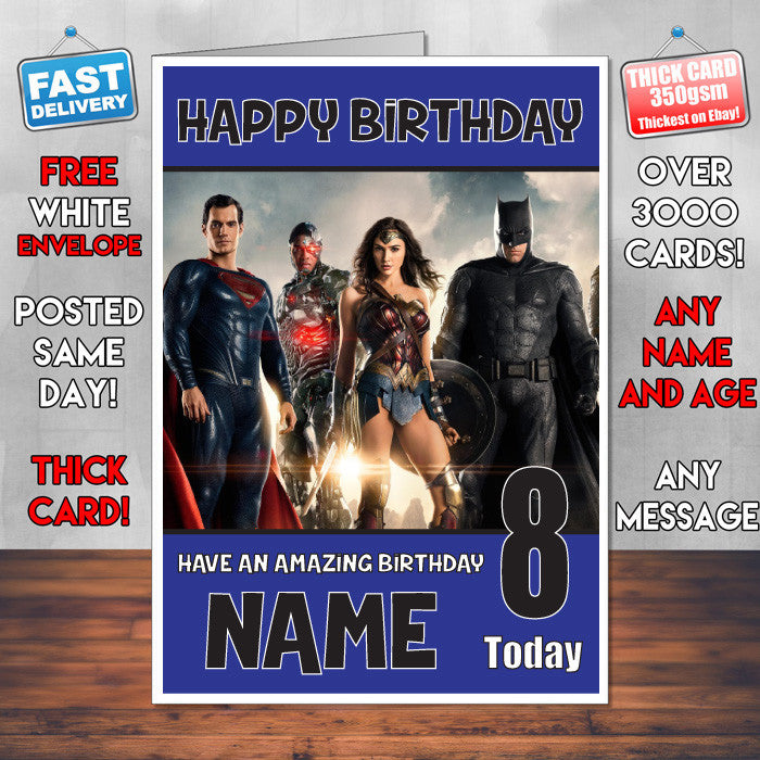 JUSTICE LEAGUE BM2 THEME INSPIRED Style PERSONALISED Kids Adult FUNNY Birthday Card