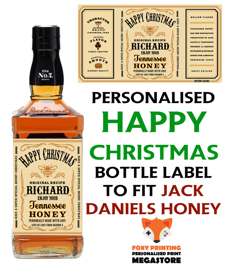 PERSONALISED Jack Daniels Tennessee Honey Happy Christmas Bottle Label - custom name bottle lables