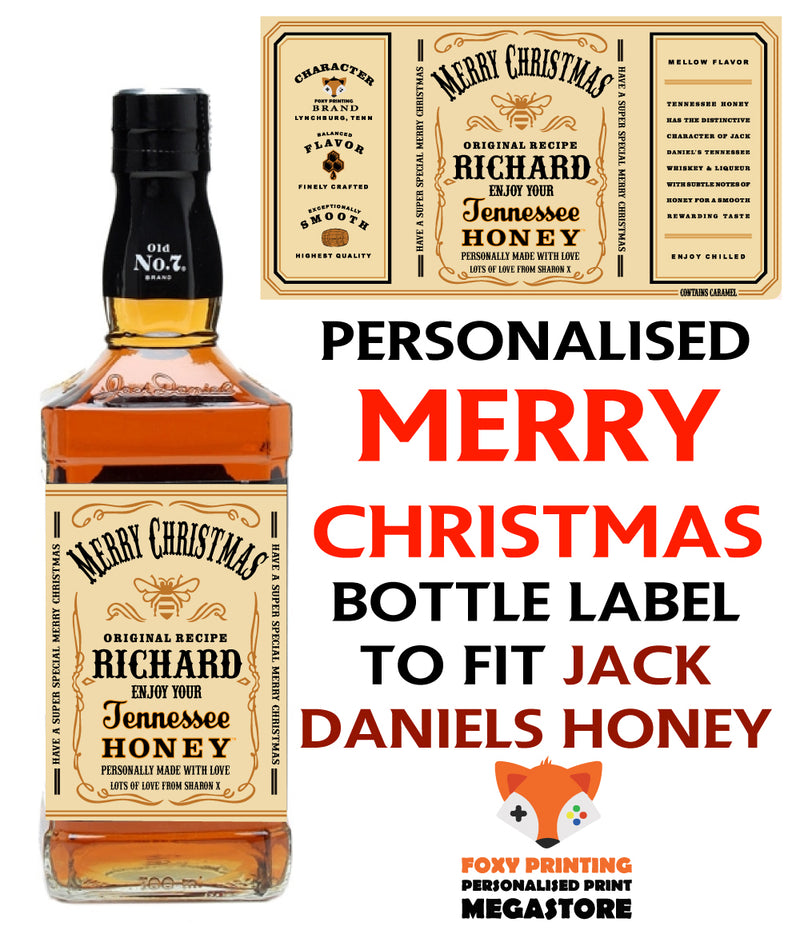 PERSONALISED Jack Daniels Tennessee Honey Merry Christmas Bottle Label - custom name bottle lables