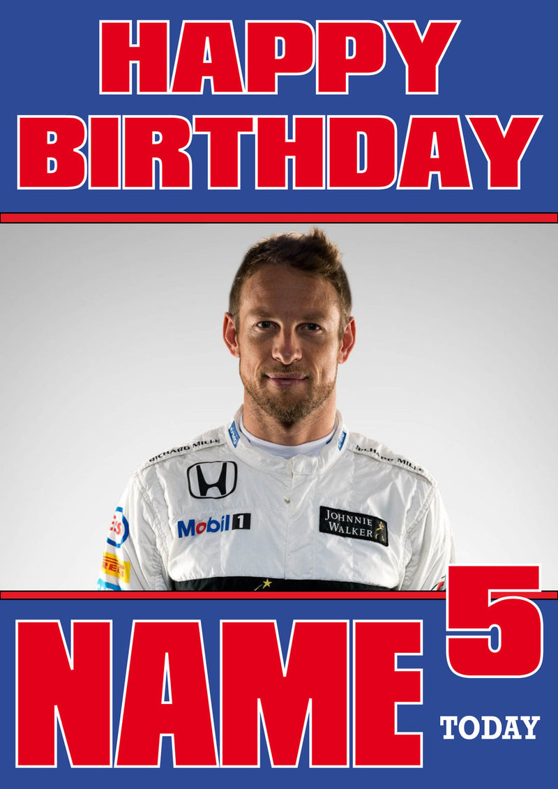 Personalised Jenson Button F1 THEME INSPIRED PERSONALISED Kids Adult Birthday Card