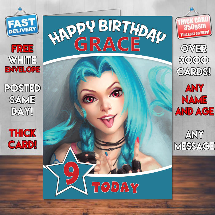 Jinx League Of Legends 2016 Inspired Style Game Kids Inspired Birthday Card (SA) – Jinx League Of Legends 2016 Game Birthday Card