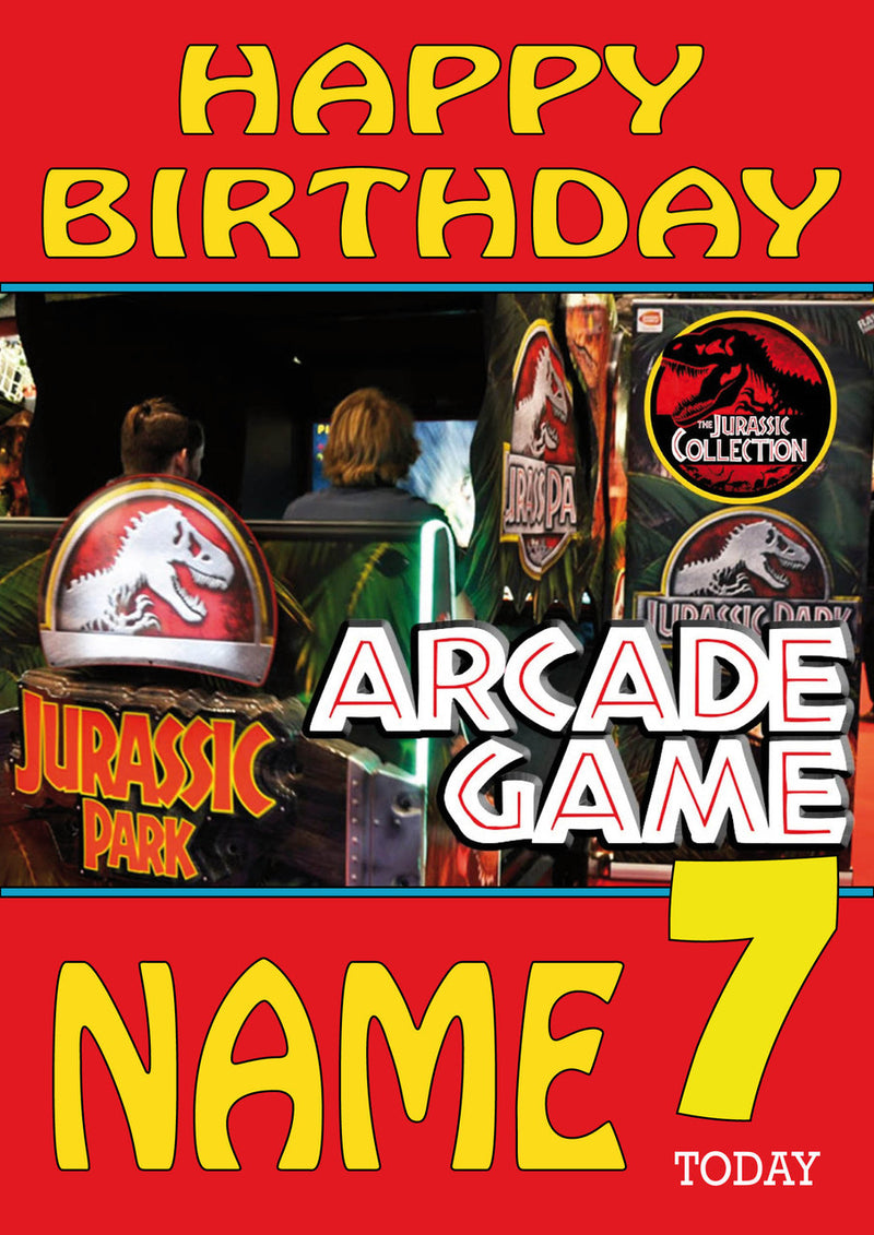 Retro Gaming Jurrassic Park THEME INSPIRED Kids Adult Personalised Birthday Card